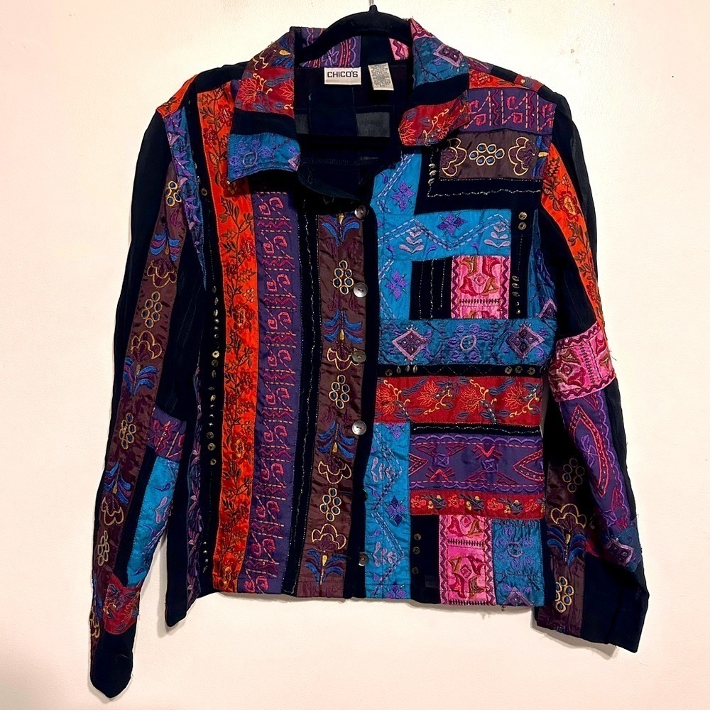Chicos Boho Patchwork Appliqué Colorful Rayon Button Down Jacket Top Medium